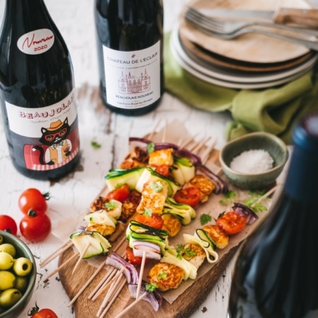 Halloumi, courgette and tomato kebabs