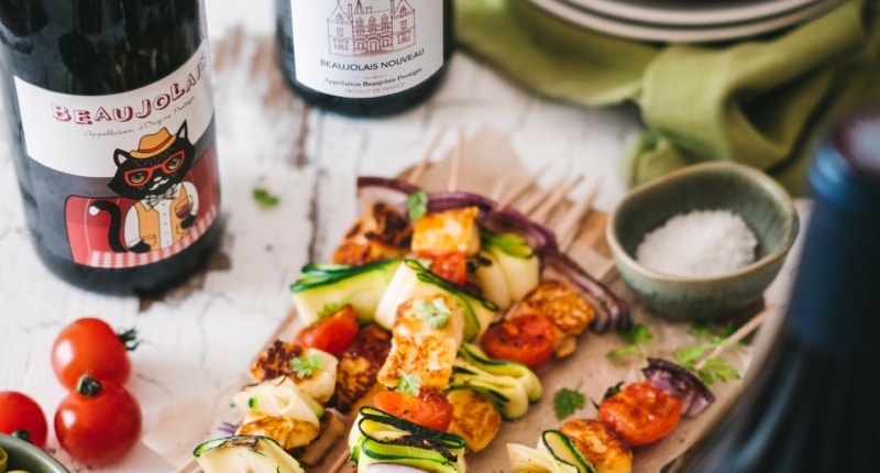 Halloumi, courgette and tomato kebabs