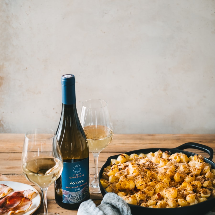 Mac'n Cheese & Beaujolais Villages blanc. ©Emma Vernay