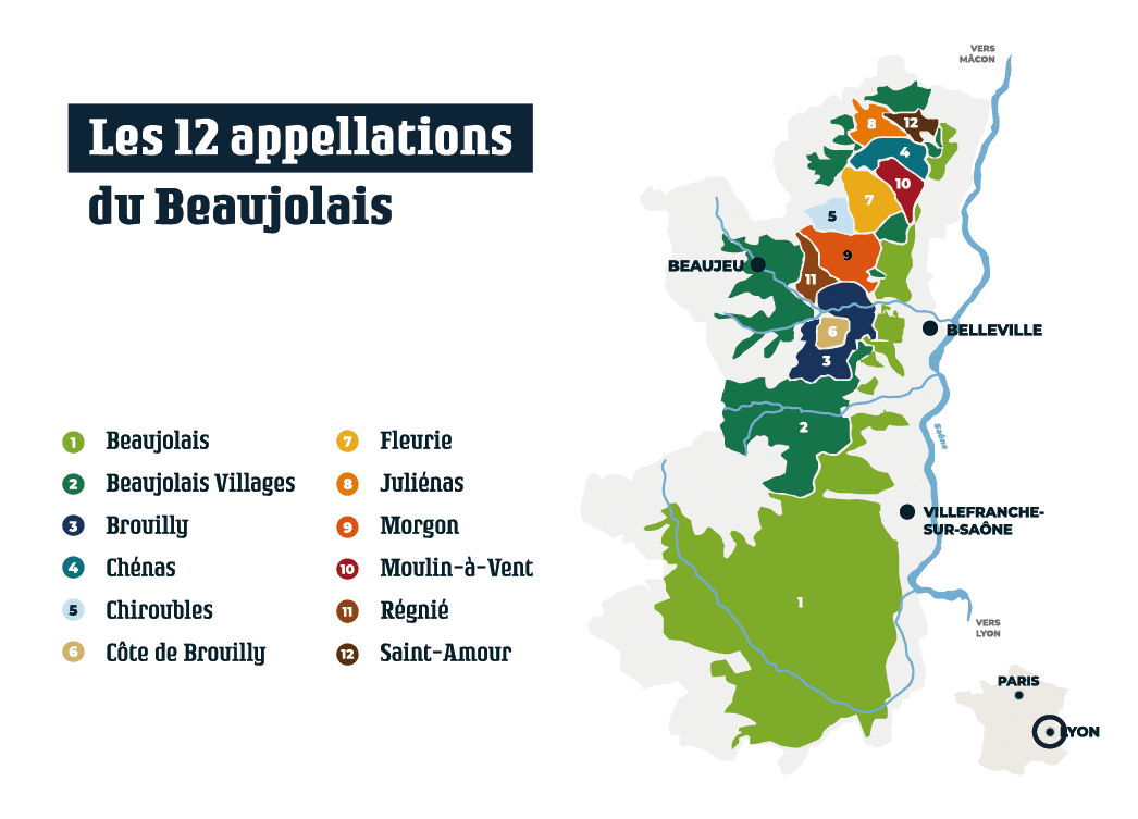 Les 12 appellations du Beaujolais. 