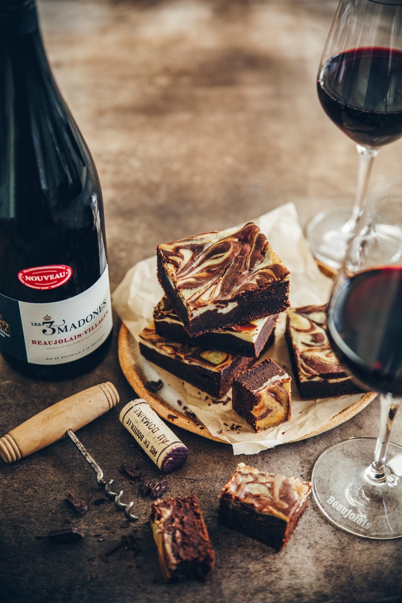 Chocolate brownie cheesecake and Beaujolais Nouveaux