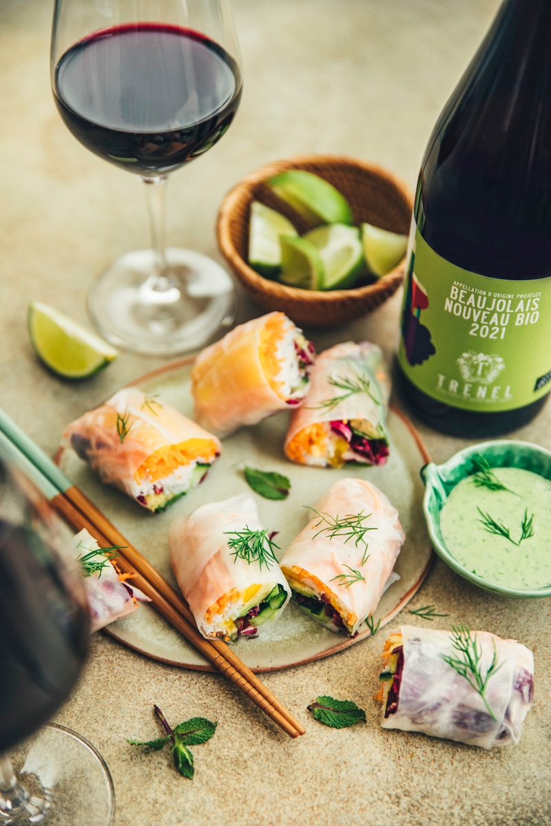 Vegetarian spring rolls and green goddess sauce